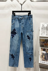 Chrome Hearts Classic Blue & Large Dark Blue Cross Patch Denim Jeans