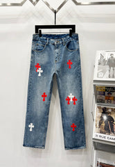 Chrome Hearts Classic Blue & Red-White Cross Patch Denim Jeans
