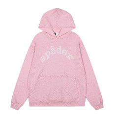 Sp5der Rhinestone Letter Graphic Light Pink Pullover Hoodie