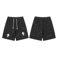 Chrome Hearts Black Paint Splatter & White Cross Patch Sweatshorts