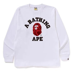 BAPE Style Collegiate Arc Logo & Camo Ape Head Long-Sleeve Tee - White/Red