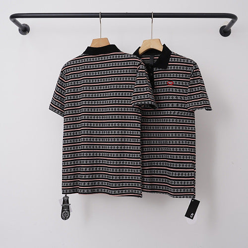 Chrome Hearts Dark Monogram Striped Short Sleeve Polo Shirt