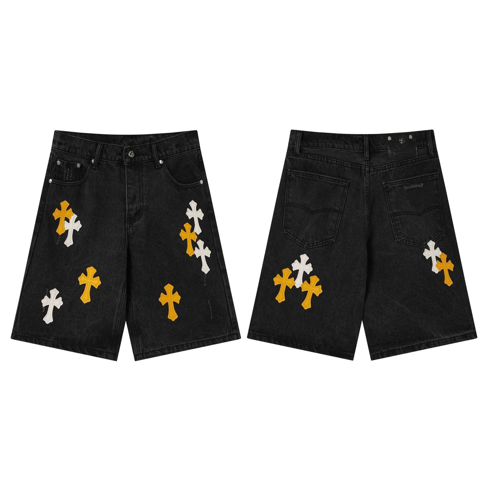 Chrome Hearts Black & Orange-White Cross Patch Denim Shorts