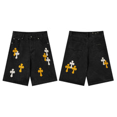 Chrome Hearts Black & Orange-White Cross Patch Denim Shorts