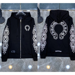 Chrome Hearts Horseshoe & Floral Cross Zip-Up Hoodie (Black)