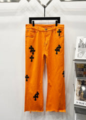 Chrome Hearts Bright Orange & Black Cross Patch Denim Jeans