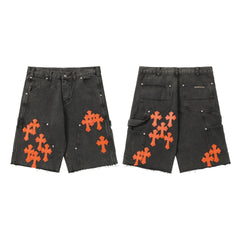 Chrome Hearts Black Heavy Wash & Vibrant Orange Cross Patch Denim Shorts
