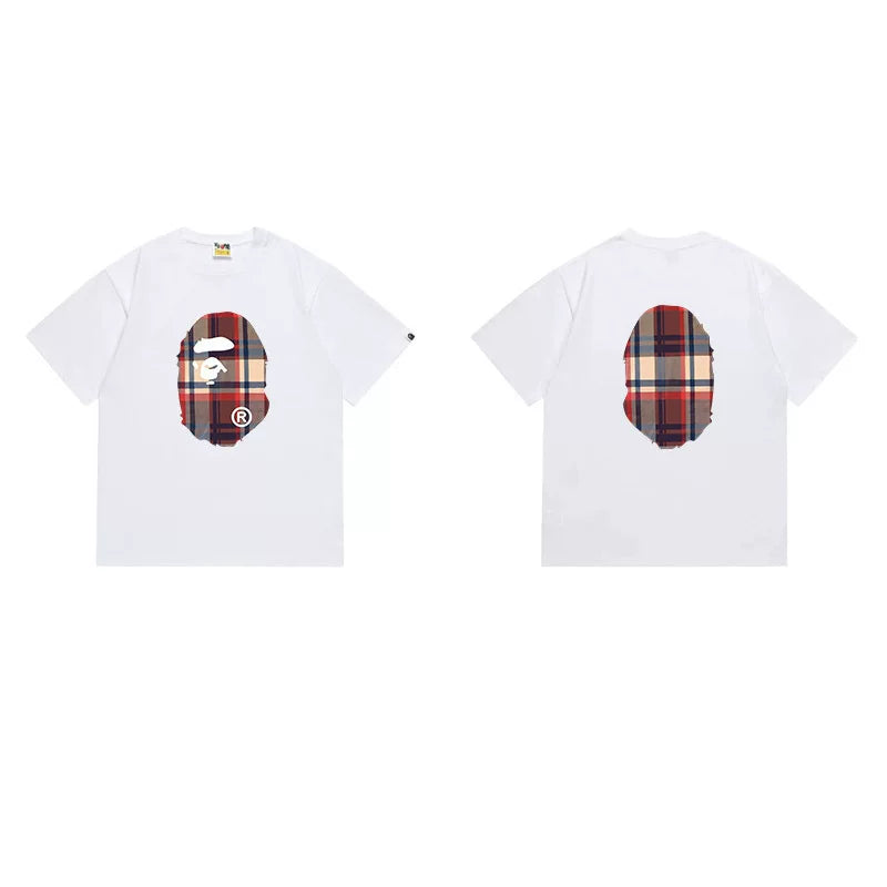 BAPE Style Tartan Plaid Ape Head Short-Sleeve Tee - White