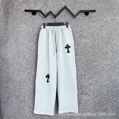 Chrome Hearts Wide-Leg Cross Applique Lounge Pants (Light Grey)