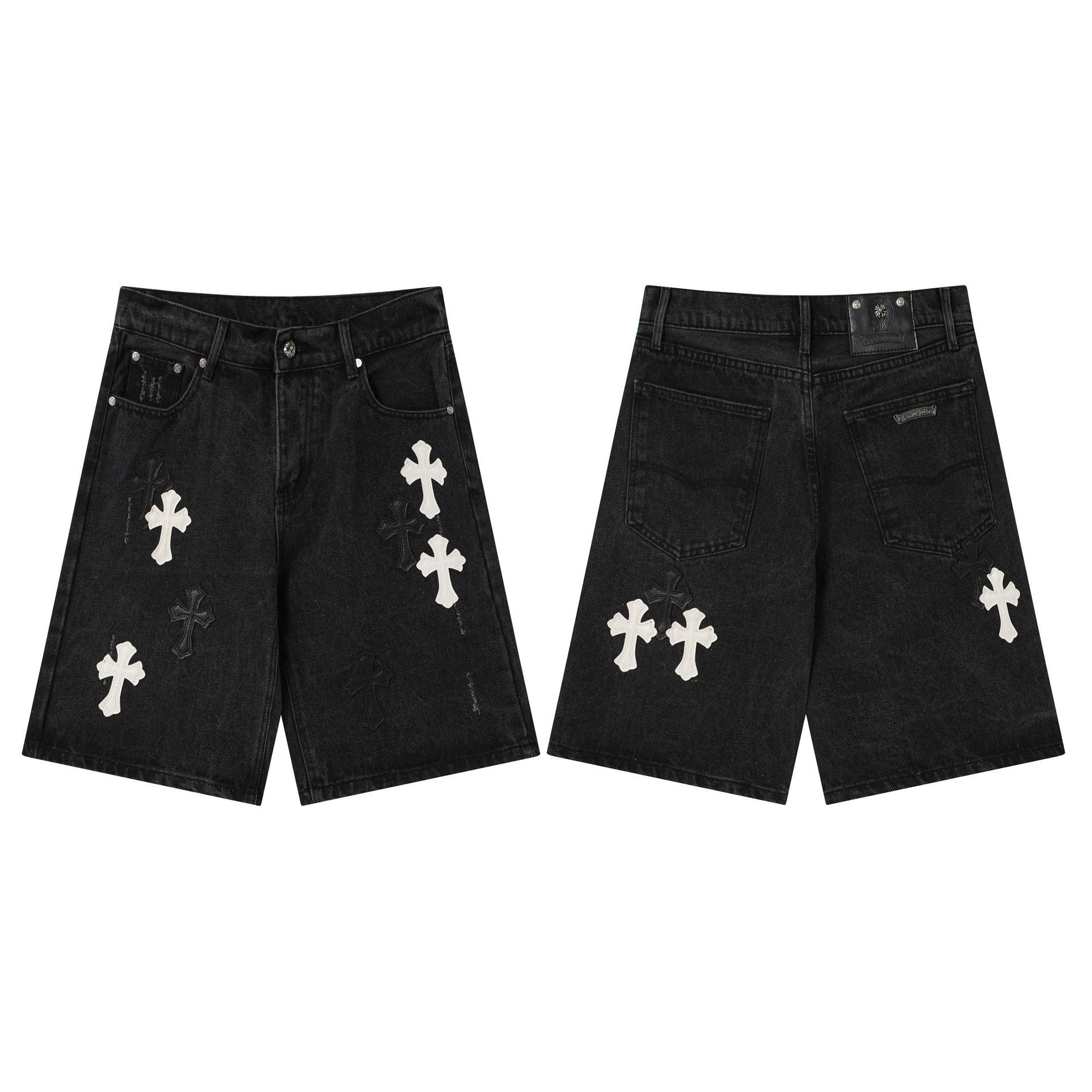 Chrome Hearts Black & White Cross Patch Denim Shorts