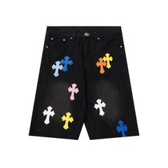 Chrome Hearts Black & Multi-Color Cross Patch Denim Shorts