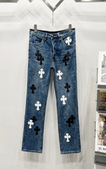 Chrome Hearts Classic Blue & Black-White Cross Patch Denim Jeans